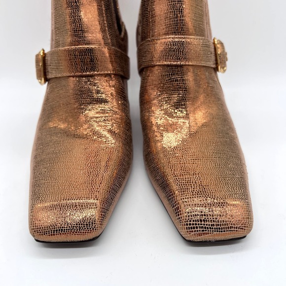 SAM EDELMAN Suzette Buckled Western Booties Womens 8 Gold Bronze Lizard Embossed - Picture 2 of 10